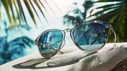 A pair of sunglasses reflecting a tropical scene clearly