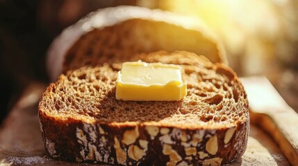 A delicious breakfast scene with toasted rye bread, butter melting on top, shot in warm natural light for a cozy morning feel