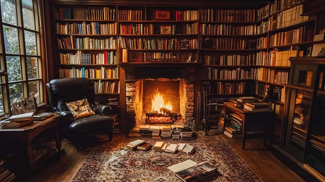 A cozy library, warm fireplace, books scattered on the floor