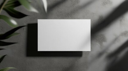 Clean white rectangular surface against a textured wall with soft shadows from nearby foliage