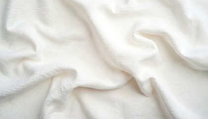 Top view of white crumpled linen fabric texture background. Cotton canvas with natural handmade eco textiles for drapery. Abstract wallpaper design with elegant seamless surface.