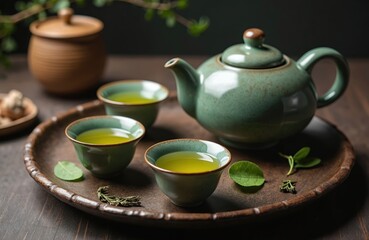 Still life of healthy green tea in small ceramic cups, teapot on dark wooden table. Healthy lifestyle, traditional asian tea ceremony concept. Relaxing herbal drink still-life. Zen beverage