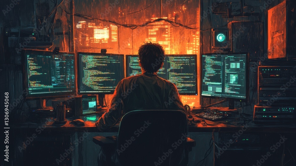 Poster a silhouette of a person coding at multiple monitors, illuminated by a warm glow, creating a focused