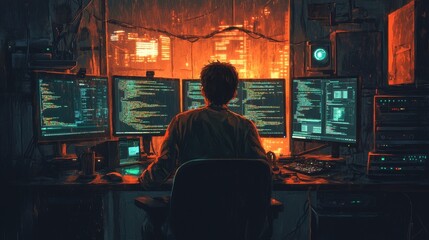 Obraz premium A silhouette of a person coding at multiple monitors, illuminated by a warm glow, creating a focused atmosphere in a tech-inspired workspace.