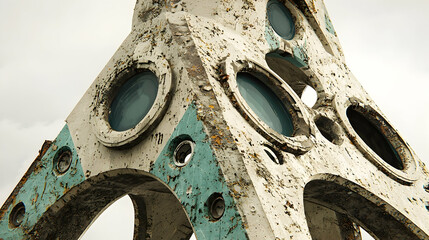 Weathered coastal tower detail, cloudy sky background, architectural decay, seaside structure