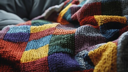 A cozy throw blanket with a patchwork of colorful knitted squares, rich textures, inviting and warm atmosphere, ultra-realistic, 4K.