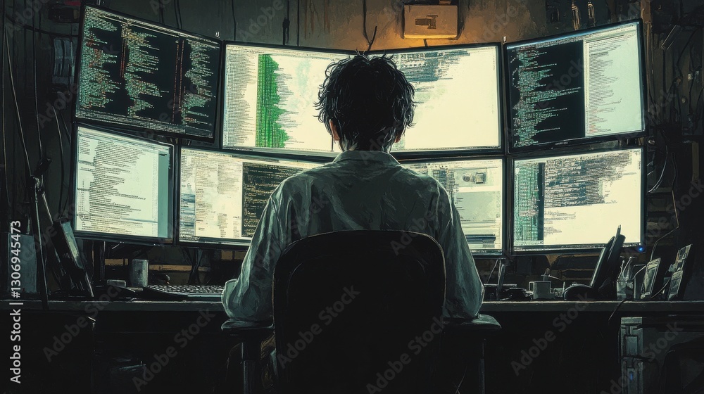 Poster a focused individual analyzes data on multiple screens in a dimly lit room, showcasing a high-tech e