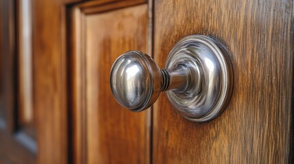 Fototapeta premium A beautifully detailed stainless steel door knob on a polished wooden door, with the focus on the metal's craftsmanship and shine.