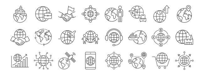 Global Business, International Trade line icon set. Vector pictograms of worldwide commerce, logistics, digital connectivity, supply chain, globalization thin linear illustration.