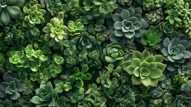 A creative arrangement of green succulents in various shapes, vibrant and fresh, eco-friendly atmosphere, ultra-realistic, high definition.