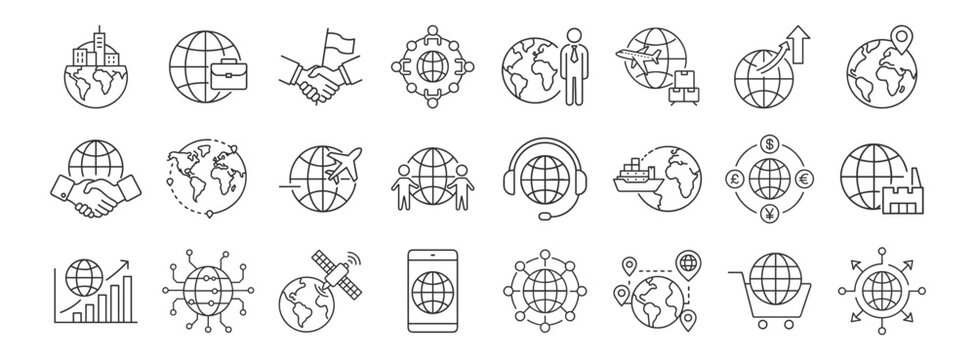 Global Business, International Trade line icon set. Vector pictograms of worldwide commerce, logistics, digital connectivity, supply chain, globalization thin linear illustration.