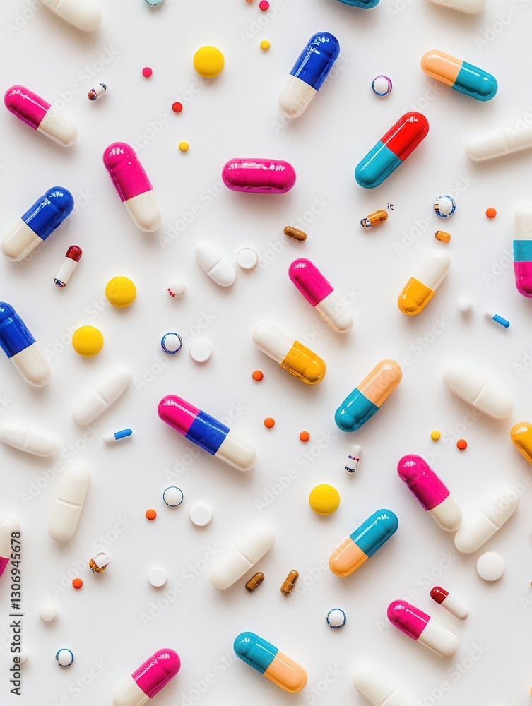 Poster colorful array of capsules on a minimalist white background showcasing medical themes and realistic 