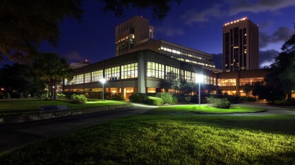 Tallahassee Florida Downtown Skyline Panorama at Night. Urban City Landscape with Skyscrapers and Architecture