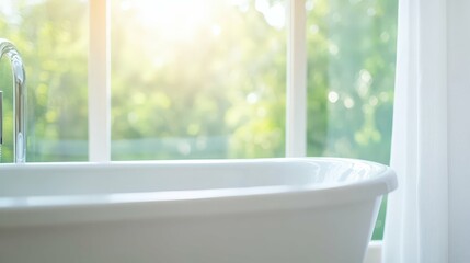 luxurious bathtub by a large window overlooking nature, bright natural light, modern and serene interior,