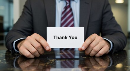 Professional holds 'Thank You' card to express appreciation in business setting