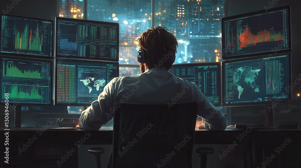 Poster a focused individual analyzes multiple screens displaying data and charts in a high-tech environment