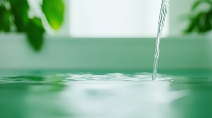 picturesque waterfall flowing into a crystal-clear pool, surrounded by  greenery, bright natural light, serene and refreshing,