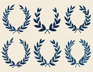 Set of hand drawn blue laurel wreaths. Visual design elements, art illustrations. Graphic vignetting, badge, logotype, symbol, ornament, decoration, border, frame for cards, invitations, banners.