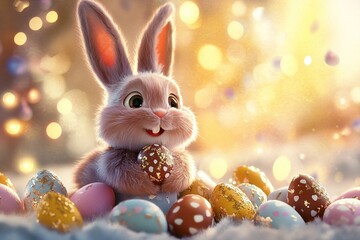 A cute bunny sitting next to colorful chocolate eggs, creating a sweet and festive Easter scene.

