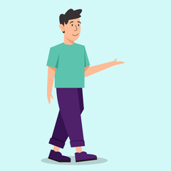 Casual Man Gesturing: A simplified illustration showcases a man in casual attire extending his arm in a welcoming gesture against a minimalist background.