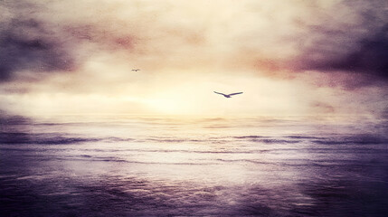 Coastal Sunset Birds in flight over ocean waves, dramatic sky, peaceful beach scene