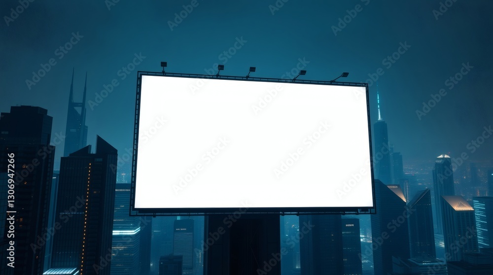 Aufkleber an empty billboard stands tall against a backdrop of a modern cityscape at night. the sign is illumi