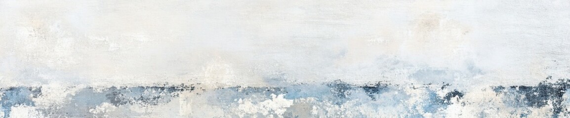 Abstract art painting in cool tones of blue, white, and gray, depicting a hazy, atmospheric landscape.