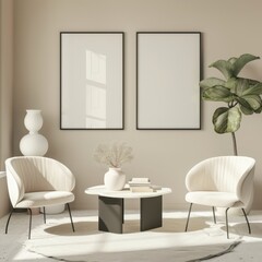 A minimalist living room with two white armchairs. a round coffee table. a white vase with dried branches. and two empty frames on the wall