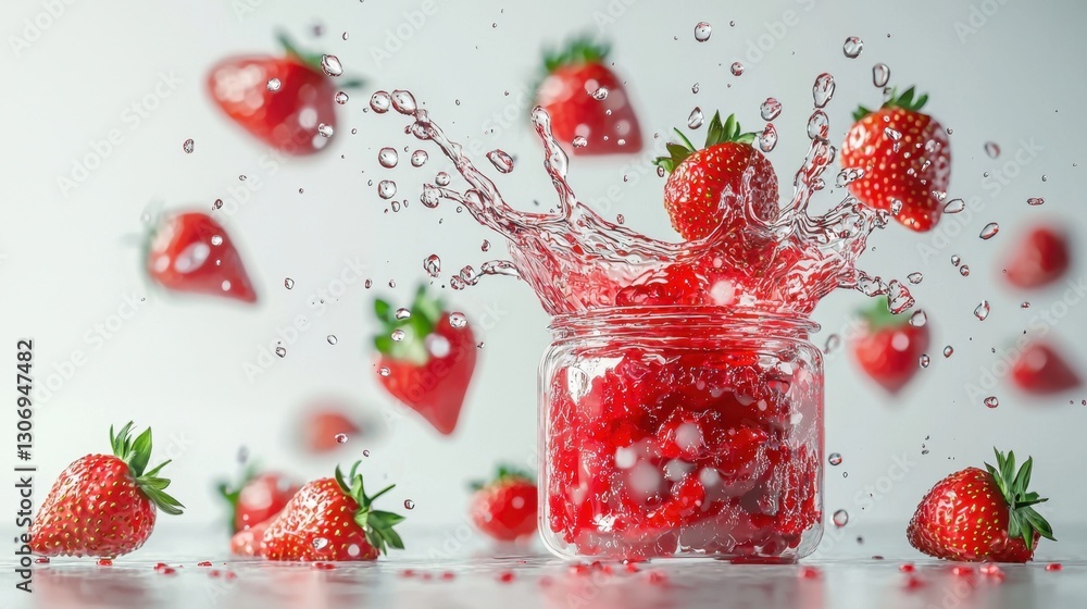 Poster a dynamic image of strawberry jam splashing from an open jar, photorealistic textures, clean white b