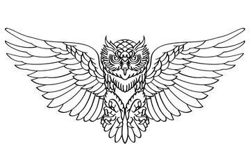 Line Art Illustration of an Owl with Spread Wings