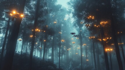 A cybernetic forest, trees with glowing leaves, humming drones flying through