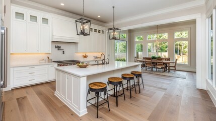 A chic, minimalist kitchen featuring a sleek island, high-end appliances, and a clean, modern design in a luxurious setting.