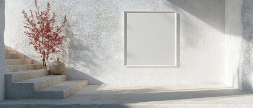 Minimal design home interior entrance area with a blank mockup frame on a white painted wall, symbolizing space for personalization or decoration, highly detailed, 