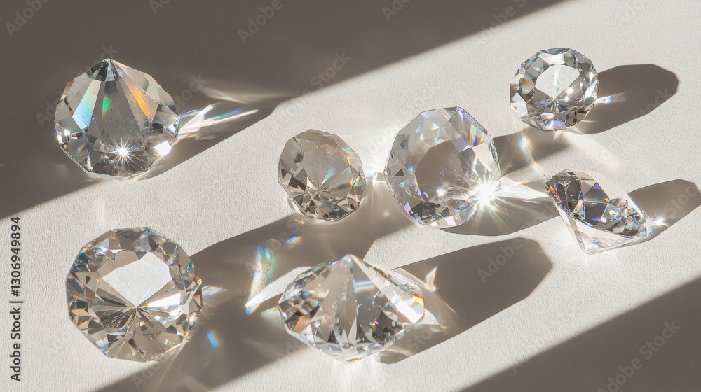 Poster group of six diamonds arranged in a scattered manner on a white surface. the diamonds are of differe