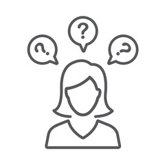 Thinking woman with question marks. 