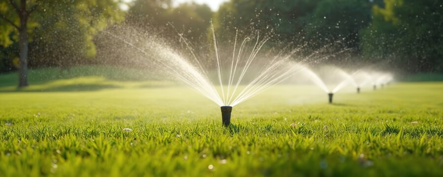 Automated lawn watering system sprinkles green grass in garden on bright sunny day. Automatic irrigation system watering green lawn grass on backyard of residential house. Sprinkler sprays water