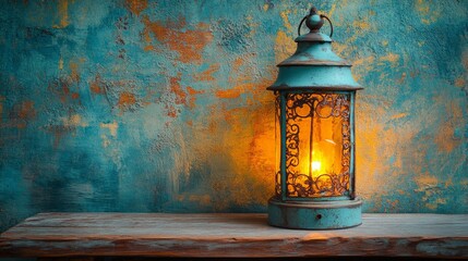 Vintage Lantern with Soft Glow and Decorative Wooden Vessel for Cozy Home Decor