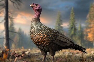 A highly detailed 3D-rendered image of a wild turkey standing in an autumn forest