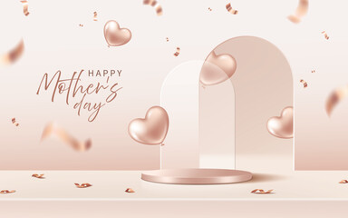A rose gold platform with heart-shaped balloons and confetti for Easter.