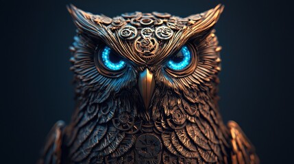 Intricate Steampunk Owl Sculpture with Glowing Blue Eyes, Captivating Art and Design for Nostalgic Enthusiasts