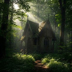 Gothic Cabin in a Misty Forest with Sunbeams, Atmospheric Photography