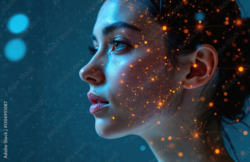 Poster woman face covered by digital network represents artificial intelligence evolution. neural net conne