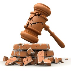 Broken Gavel on Crumbled Bricks Symbol of Legal System Failure