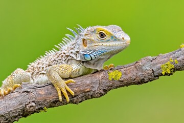 Obraz premium A juvenile green iguana resting on a branch, its sharp claws gripping the bark
