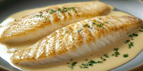 Realistic 3D Icon Cartoon of A Gourmet Pan-Seared Turbot Fillet with Champagne Cream Sauce