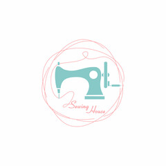 A sewing house logo with a combination of sewing machines and coiled threads
