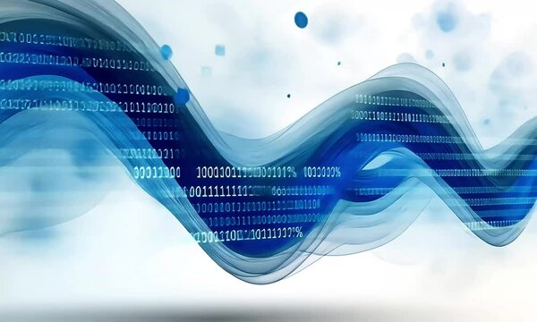 Abstract digital wave pattern with binary code, flowing smoothly against a soft blue background