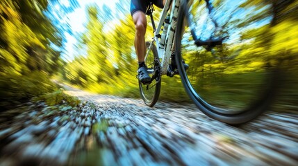 Naklejka premium A cyclist leaning into a turn on a gravel trail, with a blurred background creating a sense of motion.