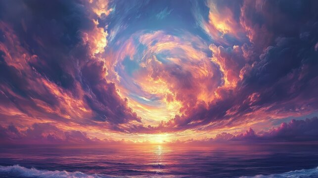 A dramatic sunset sky with swirling clouds and vibrant colors, calm ocean below, peaceful and contemplative atmosphere, ultra-detailed, high definition.
