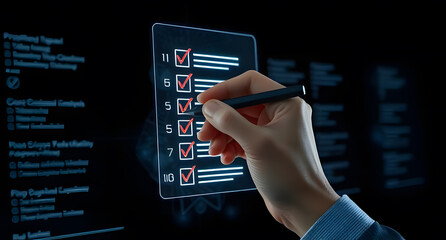 Hand Marking Digital Checklist with Stylus on Futuristic Transparent Interface